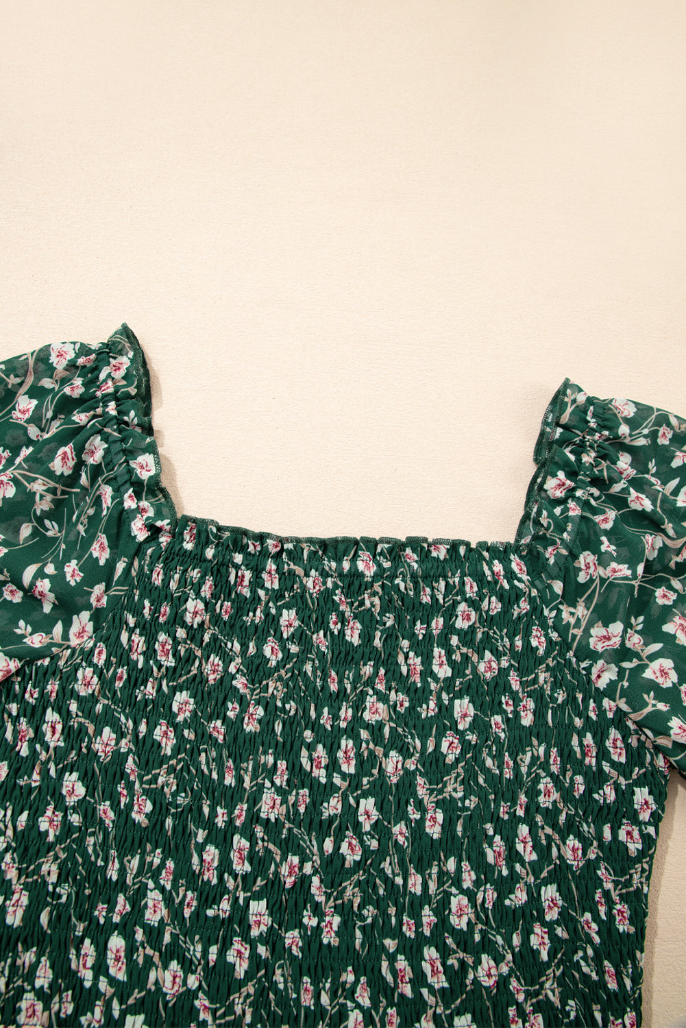 Green Smocked Square Neck Puff Short Sleeve Floral Dress Floral Dresses JT's Designer Fashion
