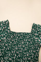 Green Smocked Square Neck Puff Short Sleeve Floral Dress Floral Dresses JT's Designer Fashion