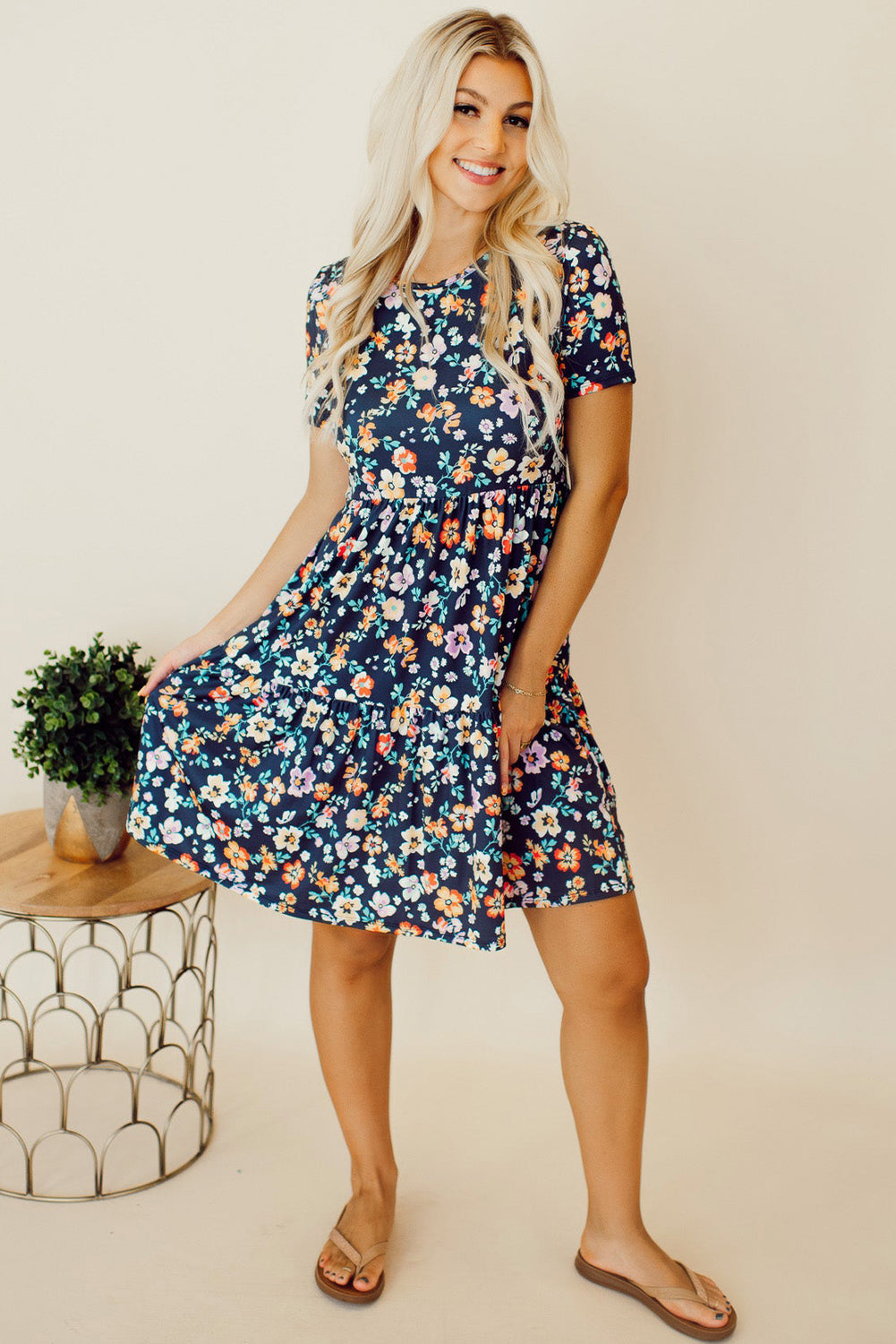 Blue Short Sleeve A-line Floral Dress Floral Dresses JT's Designer Fashion