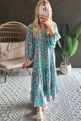 Green Abstract Print Puff Sleeve Tied Notched Neck Long Dress Maxi Dresses JT's Designer Fashion
