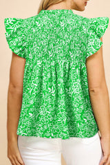 Green Floral Flutter Sleeve Shirred Notched Neck Plus Size Blouse Plus Size Blouses & Shirts JT's Designer Fashion
