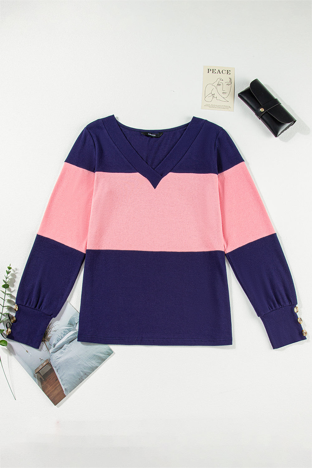 Blue Stripe Colorblock Button Decor Long Sleeve V Neck Top Long Sleeve Tops JT's Designer Fashion