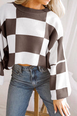 Dark Brown Checkered Bishop Sleeve Sweater Sweaters JT's Designer Fashion