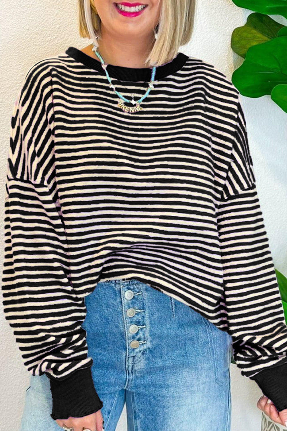 Black Stripe Loose Drop Shoulder Long Sleeve Top Long Sleeve Tops JT's Designer Fashion