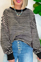 Black Stripe Loose Drop Shoulder Long Sleeve Top Long Sleeve Tops JT's Designer Fashion