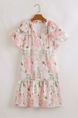 Pink Floral Contrast Edge Layered Short Sleeve Mini Dress Floral Dresses JT's Designer Fashion