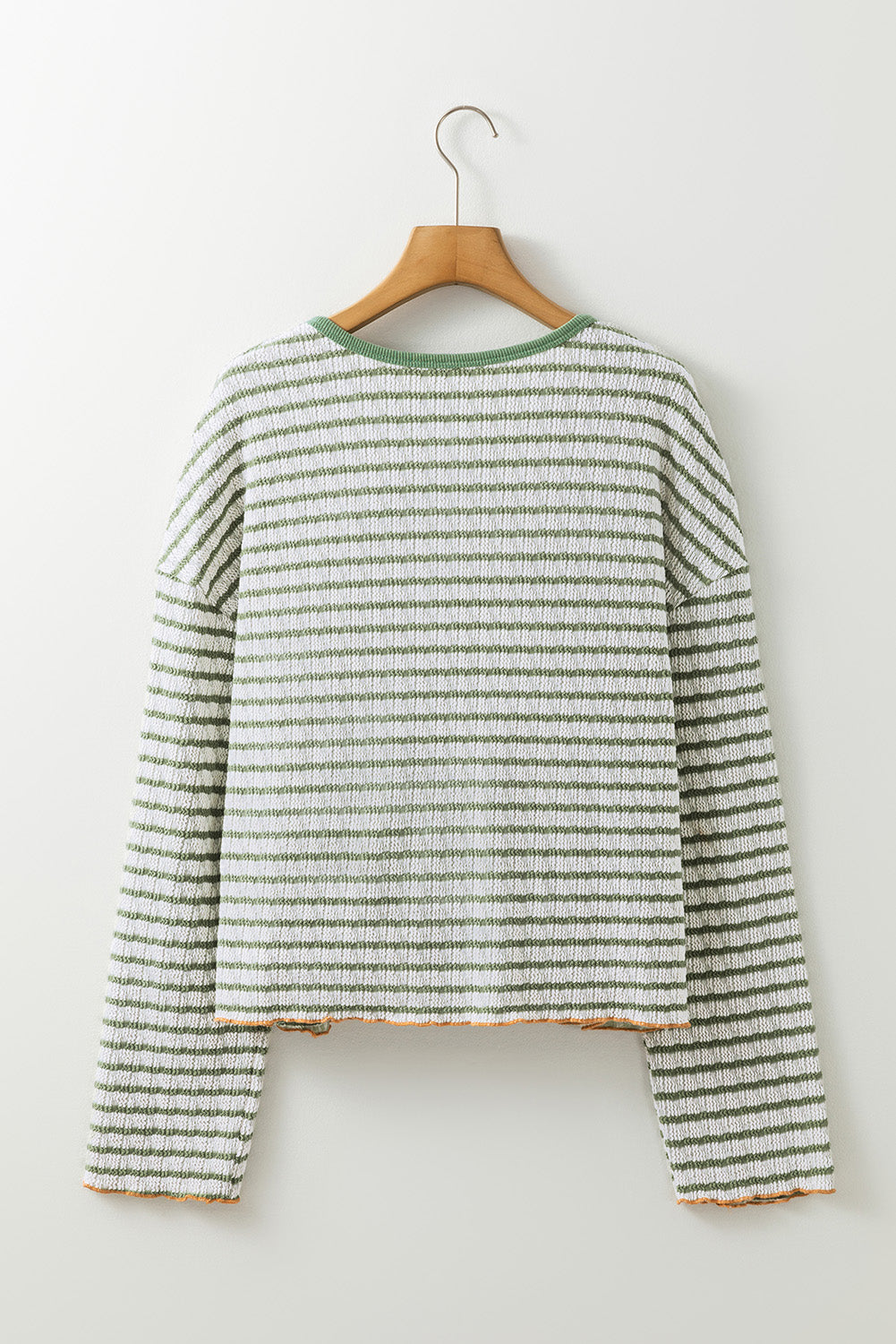 Green Stripe Textured Frilly Trim Buttons Henley Long Sleeve Top Long Sleeve Tops JT's Designer Fashion