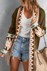 Brown Aztec Print Open Front Knitted Cardigan Sweaters & Cardigans JT's Designer Fashion
