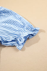Sky Blue Stripe Bubble Short Sleeve Tiered Scallop Long Dress Maxi Dresses JT's Designer Fashion