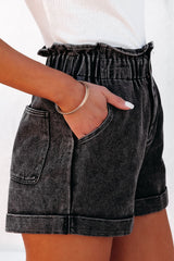 Black Vintage Washed Frilled High Waist Denim Shorts Denim Shorts JT's Designer Fashion