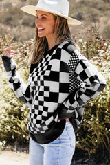 Black Checkered Print Drop Shoulder Round Neck Sweater Sweaters JT's Designer Fashion