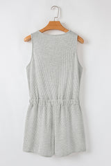 Light Grey Waffle Knit Sleeveless Buttoned Front Drawstring Waist Romper Jumpsuits & Rompers JT's Designer Fashion