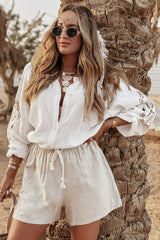 White Embroidered Textured Buttoned Crew Neck Shirt Blouses & Shirts JT's Designer Fashion