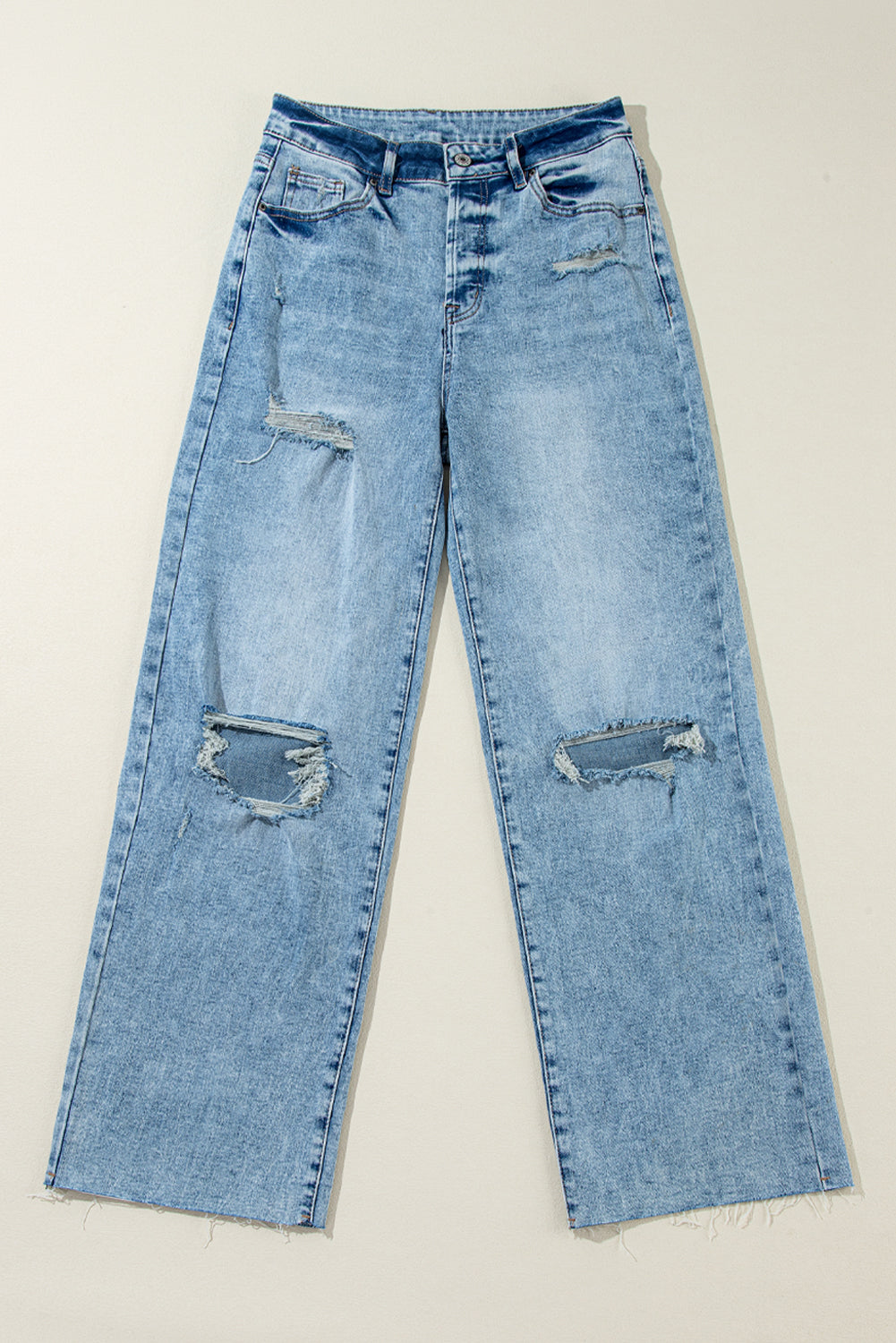 Light Blue Distressed Ripped Raw Hem Straight Jeans Jeans JT's Designer Fashion