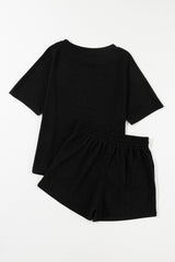 Black Casual Textured Tee and Drawstring Shorts Set Short Sets JT's Designer Fashion