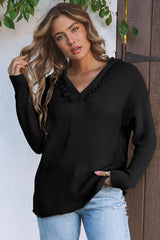 Black V Neck Ribbed Drop Shoulder Hooded Sweater Sweaters & Cardigans JT's Designer Fashion