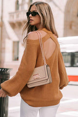 Brown Crew Neck Cold Shoulder Hollow-out Back Sweater Sweaters & Cardigans JT's Designer Fashion
