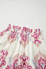 Rose Boho Printed Shirred High Waist Flowy Wide Leg Pants Pants & Culotte JT's Designer Fashion