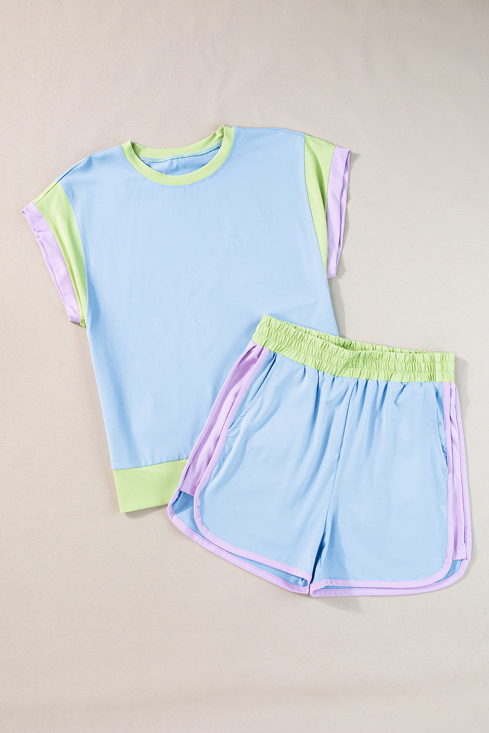 Blue Contrast Trim Cap Sleeve Tee Shorts Set Short Sets JT's Designer Fashion