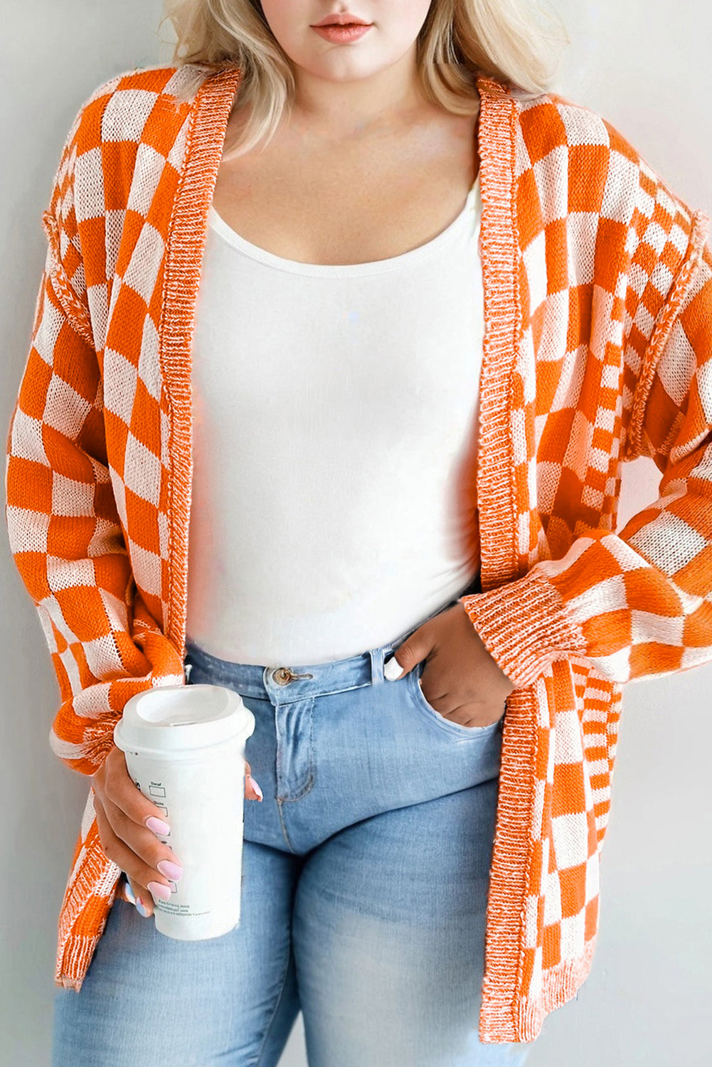 Orange Checkered Bubble Sleeve Drop Shoulder Open Cardigan Orange 55%Acrylic+45%Cotton Plus Size Sweaters & Cardigans JT's Designer Fashion