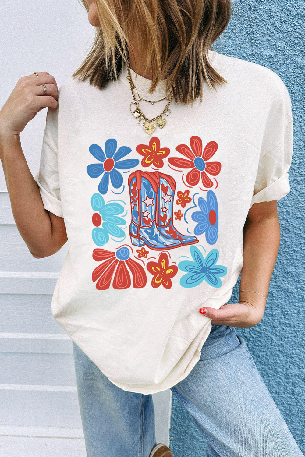 White Floral Cowgirl Boots Print Independence Day T Shirt Graphic Tees JT's Designer Fashion