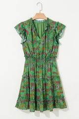 Green Floral Tie Split Neck Frilly Ruffle Trim Tiered Short Dress Floral Dresses JT's Designer Fashion