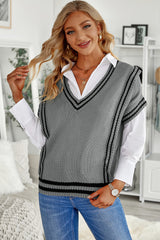 Gray V Neck Contrast Stripes Trims Short Sleeve Sweater Sweaters & Cardigans JT's Designer Fashion