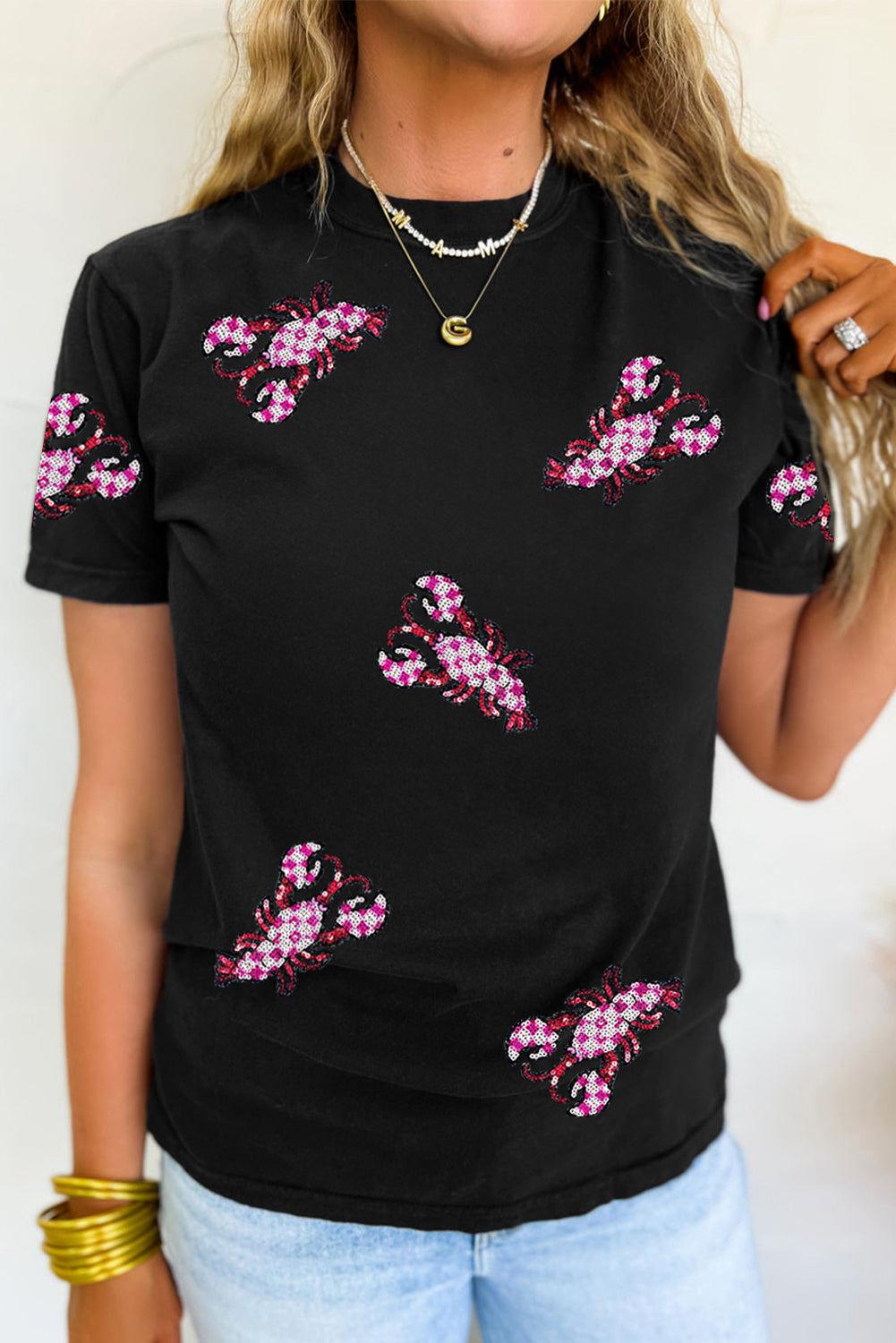 Black Sequin Crawfish Patched Crew Neck Tee Graphic Tees JT's Designer Fashion