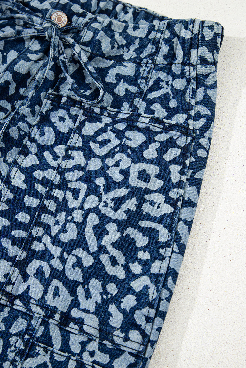Blue Leopard Printed Drawstring Elastic Waistband Pocketed Wide Leg Jeans Jeans JT's Designer Fashion