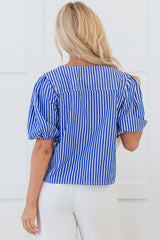 Blue Stripe Tied Front Puff Short Sleeve Blouse Blouses & Shirts JT's Designer Fashion
