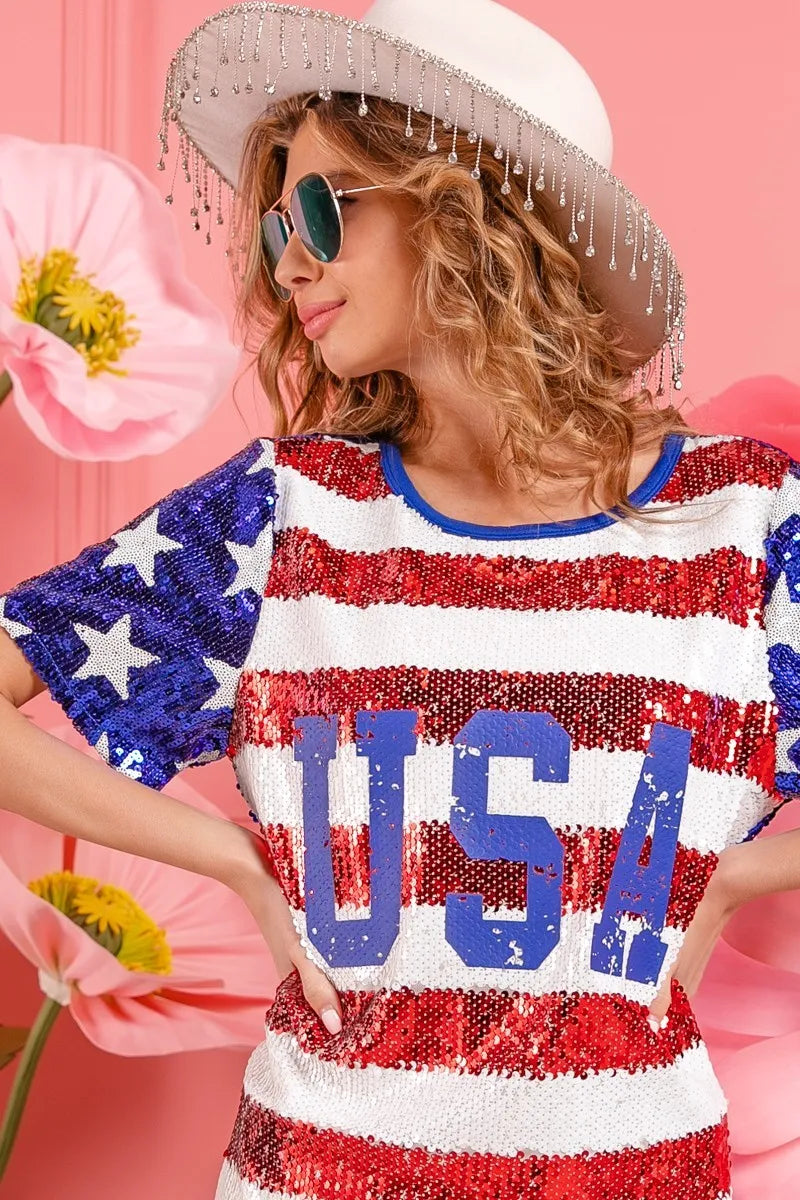BiBi American Flag Theme Usa Print Sequin Dress Mini Dresses JT's Designer Fashion