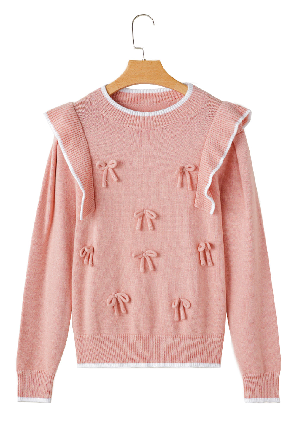 Light Pink Ruffled Bowknot Ribbed Trim Long Sleeve Sweater Sweaters JT's Designer Fashion