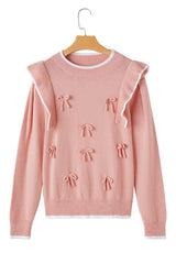 Light Pink Ruffled Bowknot Ribbed Trim Long Sleeve Sweater Sweaters JT's Designer Fashion