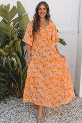 Orange Floral Print Smocked V Neck Wide Sleeve Maxi Dress Floral Dresses JT's Designer Fashion
