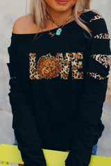 Black LOVE Sequin Pumpkin Leopard Print Cut Out Sleeve Sweatshirt Graphic Sweatshirts JT's Designer Fashion
