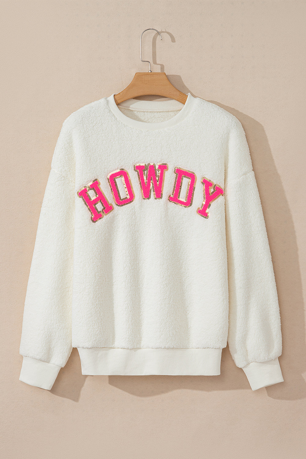 Beige Sherpa HOWDY Patched Pullover Sweatshirt Sweatshirts & Hoodies JT's Designer Fashion