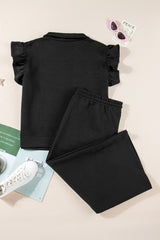 Black Plus Ruffled Sleeve Quarter Zip Top Wide Leg Pants Set Plus Size Bottoms JT's Designer Fashion