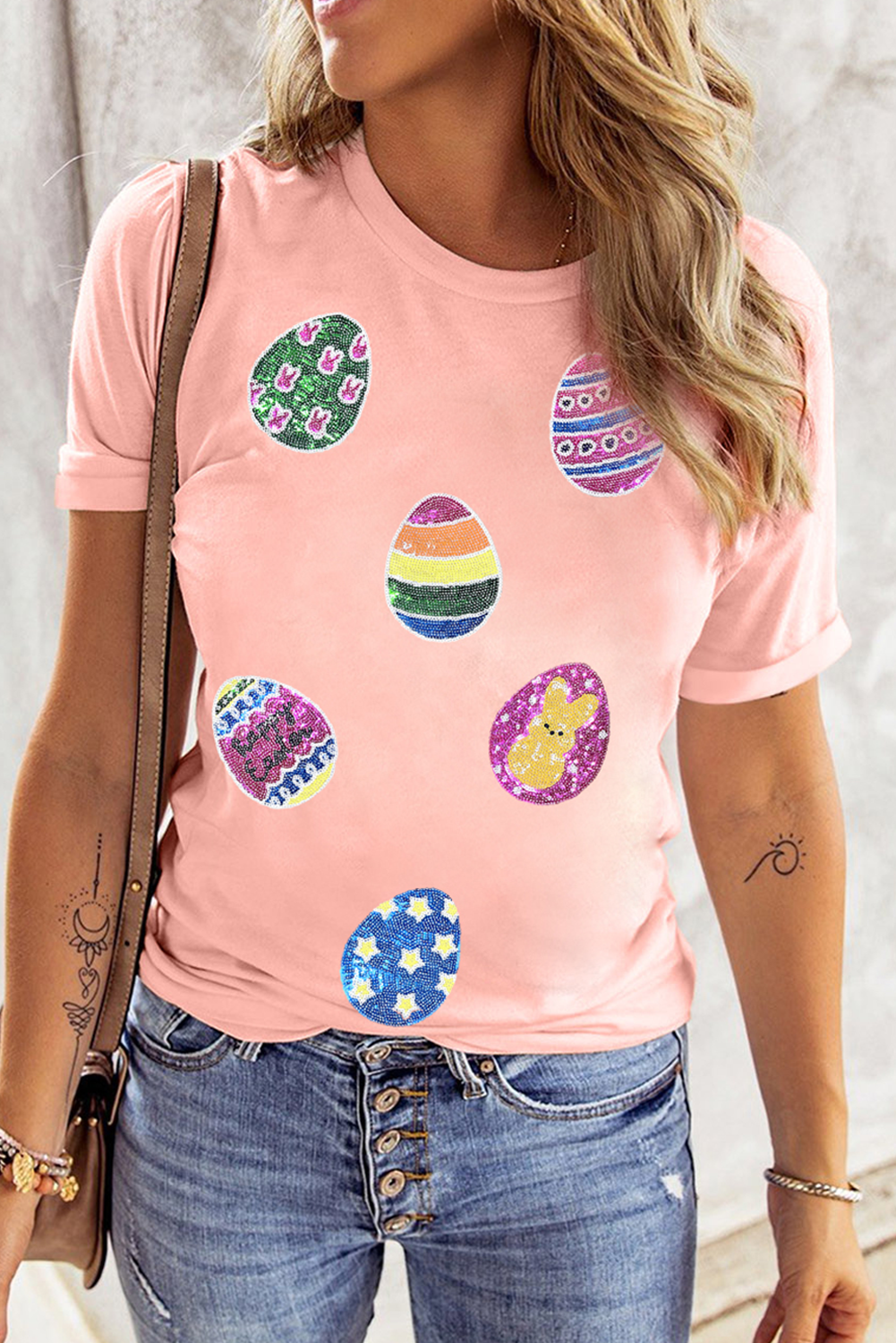 Pink Sequin Easter Eggs Graphic Crewneck T Shirt Graphic Tees JT's Designer Fashion