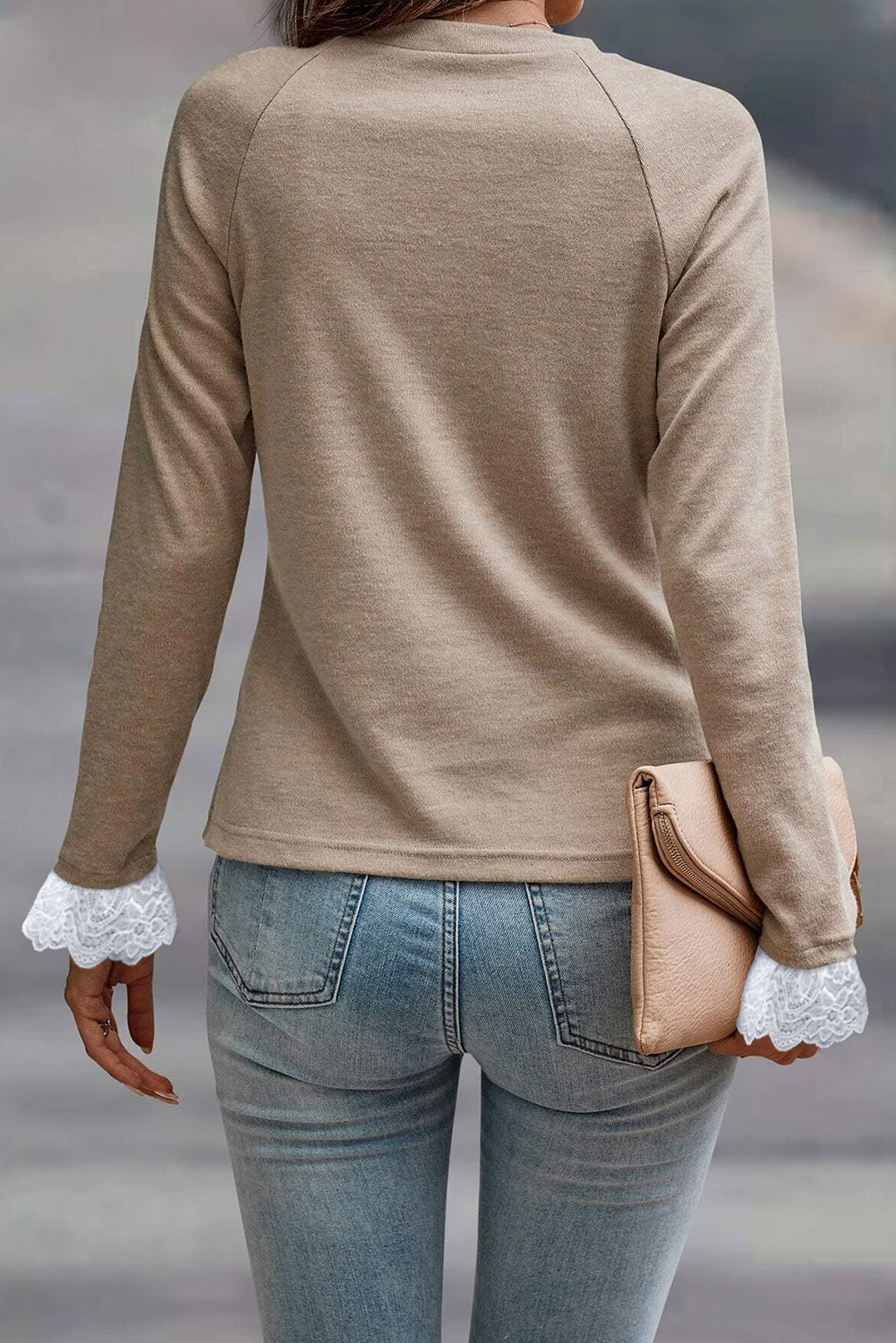 Parchment Seam Detail Lace Contrast Cuffs Raglan Sleeve Top Long Sleeve Tops JT's Designer Fashion