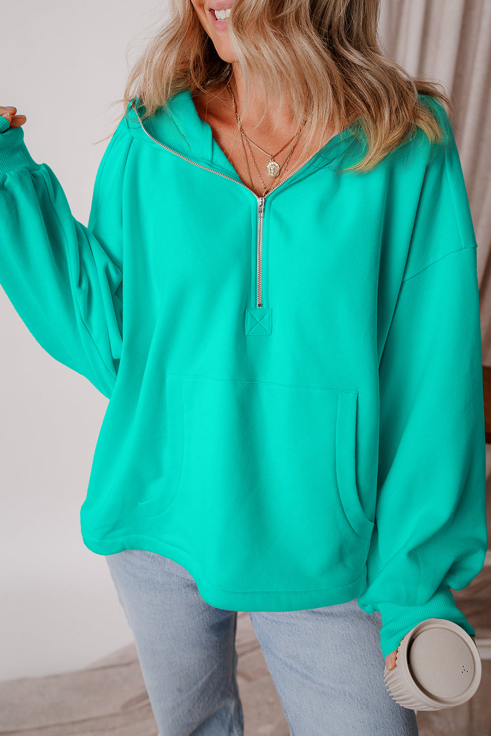 Aruba Blue Fleece Lined Half Zipper Kangaroo Pockets Loose Hoodie Sweatshirts & Hoodies JT's Designer Fashion