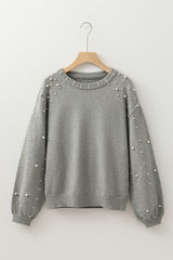 Light Grey Pearled Drop Shoulder Round Neck Sweater Sweaters JT's Designer Fashion