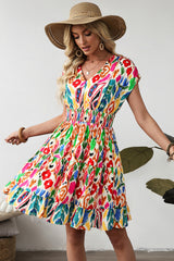 Sky Blue Abstract Print V Neck Dolman Sleeve Ruffle Tiered Mini Dress Dresses JT's Designer Fashion