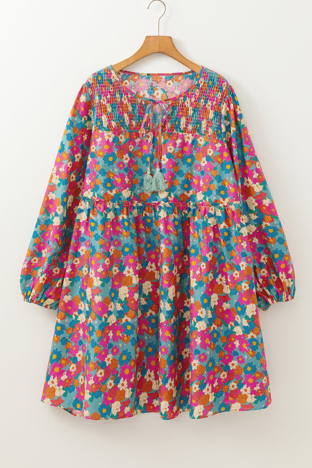 Sky Blue Plus Size Floral Print Shirred Ruffle Tiered Mini Dress Plus Size Mini Dresses JT's Designer Fashion