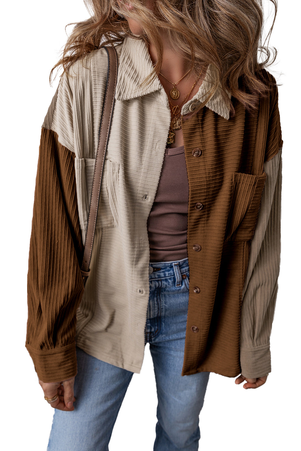 Brown Color Block Chest Pockets Buttoned Corduroy Shacket Jackets JT's Designer Fashion