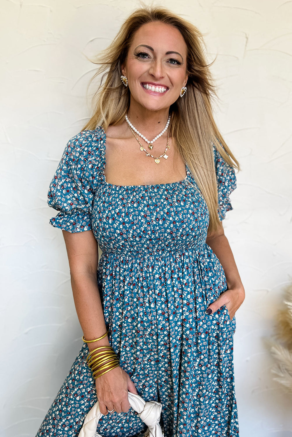 Blue Vintage Boho Floral Smocked Short Puff Sleeve Wide Leg Jumpsuit Jumpsuits & Rompers JT's Designer Fashion