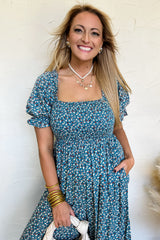 Blue Vintage Boho Floral Smocked Short Puff Sleeve Wide Leg Jumpsuit Jumpsuits & Rompers JT's Designer Fashion