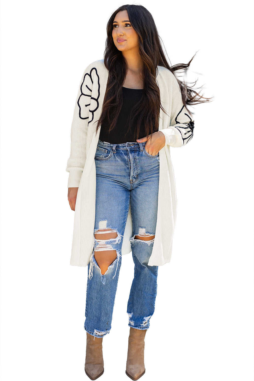 Beige Flower Embroidered Drop Shoulder Open Front Duster Cardigan Cardigans JT's Designer Fashion