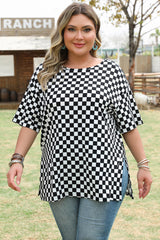 Black Checkered Print Side Slits O Neck Plus Size T Shirt Plus Size Tops & Tees JT's Designer Fashion