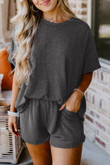 Carbon Grey Ribbed Textured Knit Loose Fit Tee and Shorts Set Short Sets JT's Designer Fashion