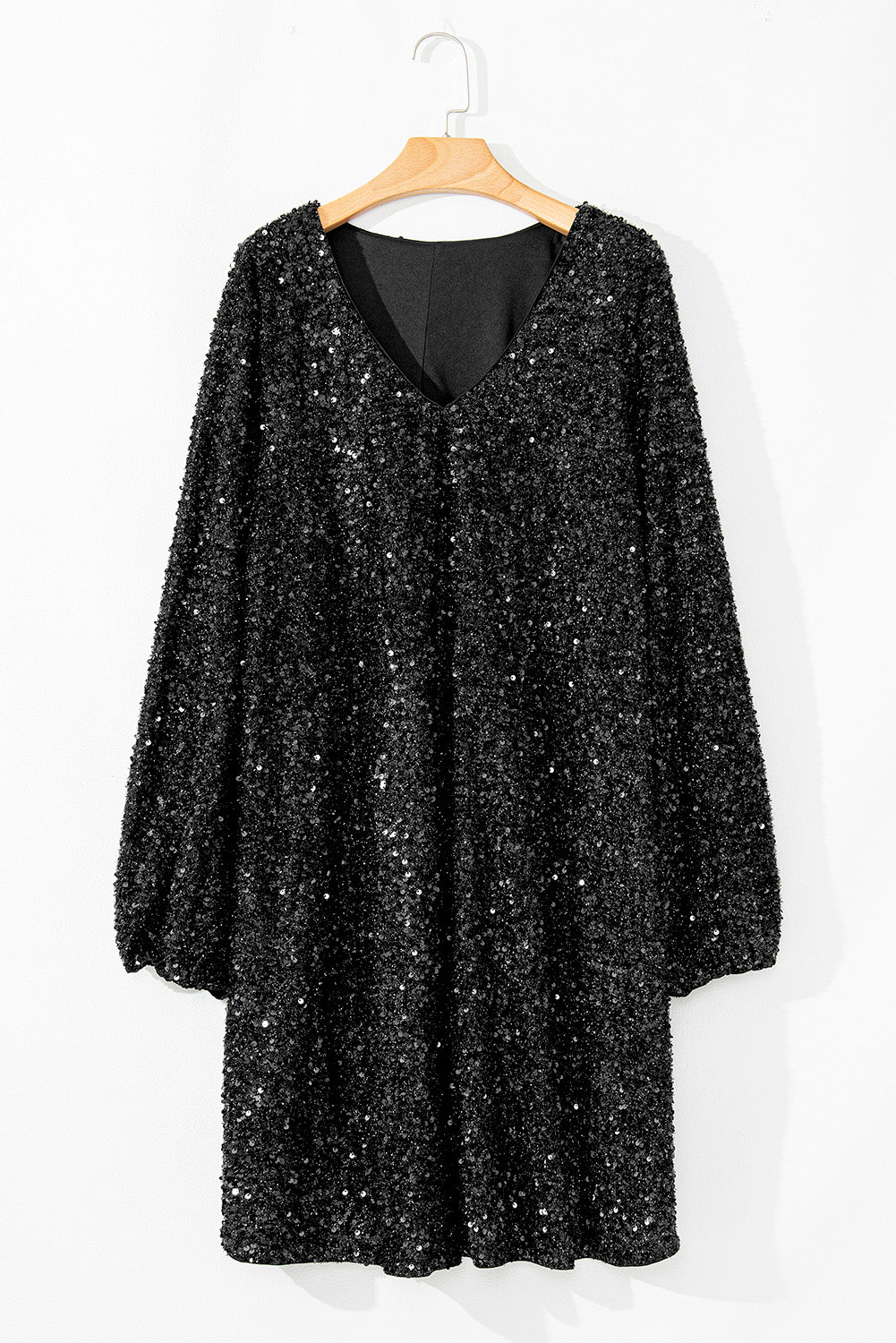 Color black Plus Size Bubble Sleeve V Neck Sequin Dress Plus Size Mini Dresses JT's Designer Fashion